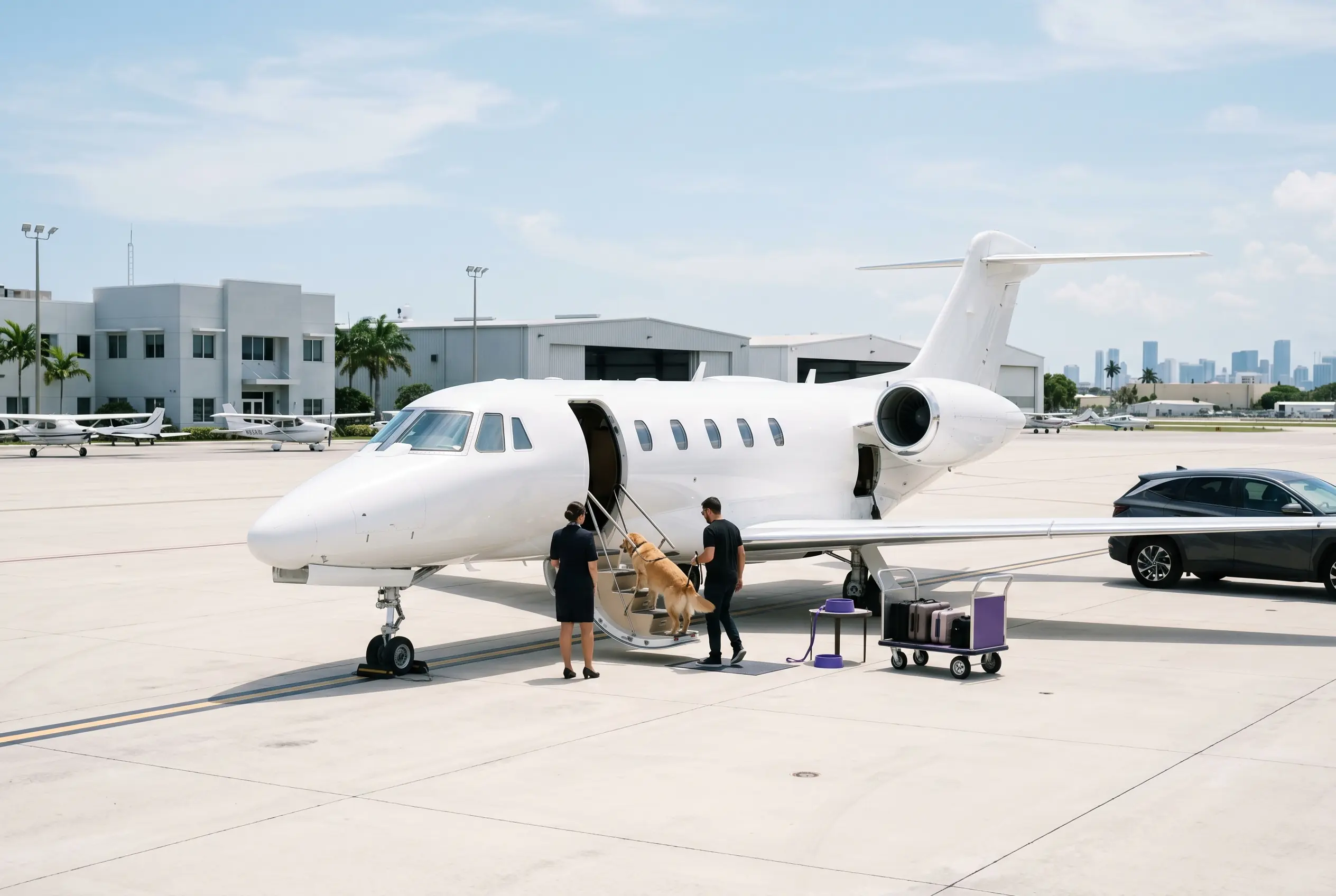 Private jet on a South Florida ramp ready for a pet-friendly Miami to New York flight