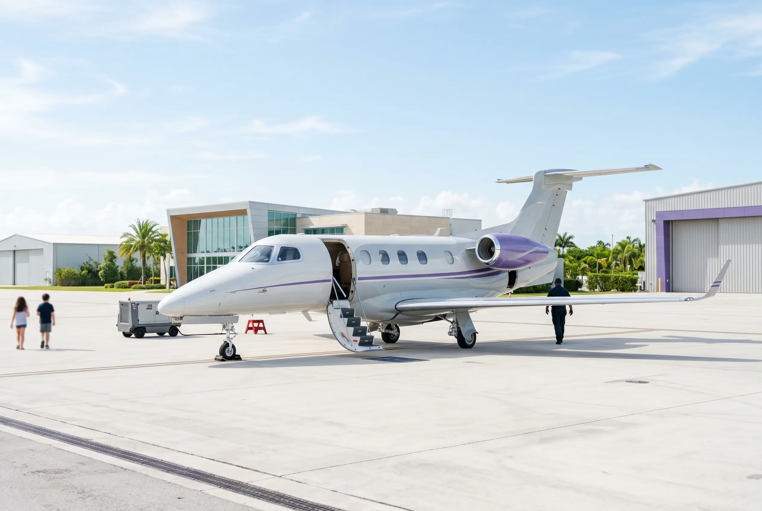 Embraer Phenom 300E on a South Florida ramp with airstair down before a New York flight