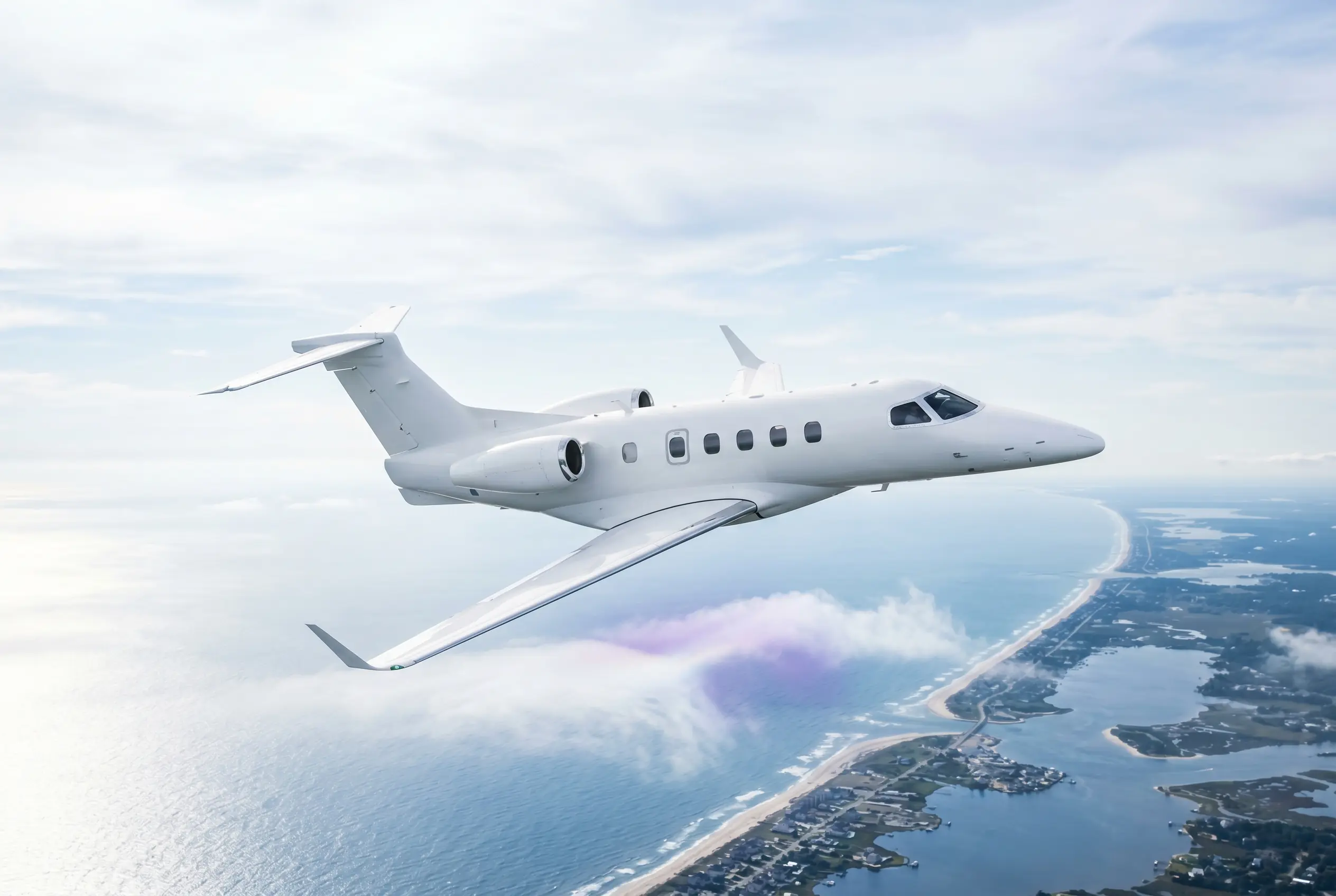 Embraer Phenom 300E in flight above the Eastern Seaboard en route from Miami to New York