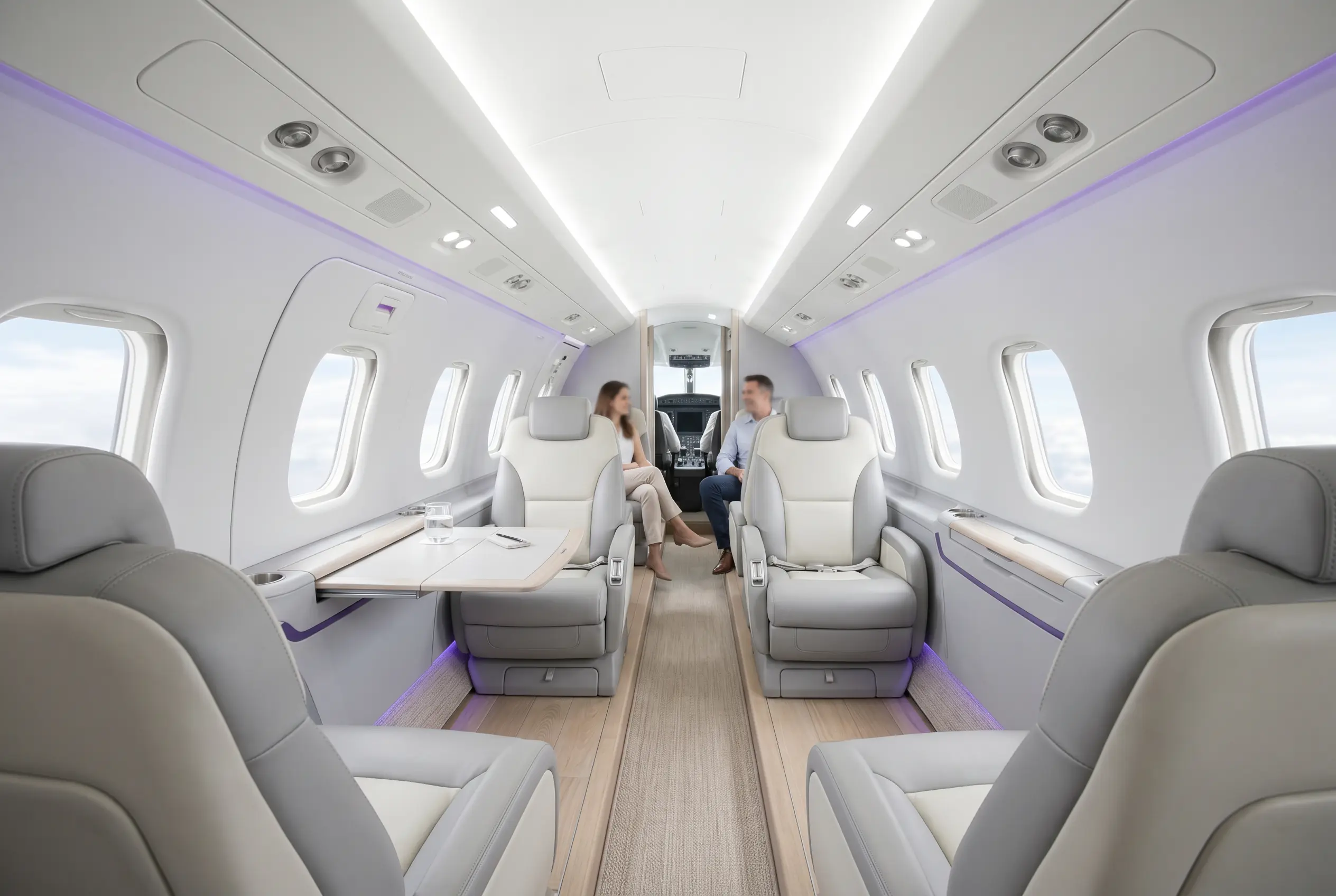 Piaggio Avanti EVO stand-up cabin with club seating for a Miami to New York charter