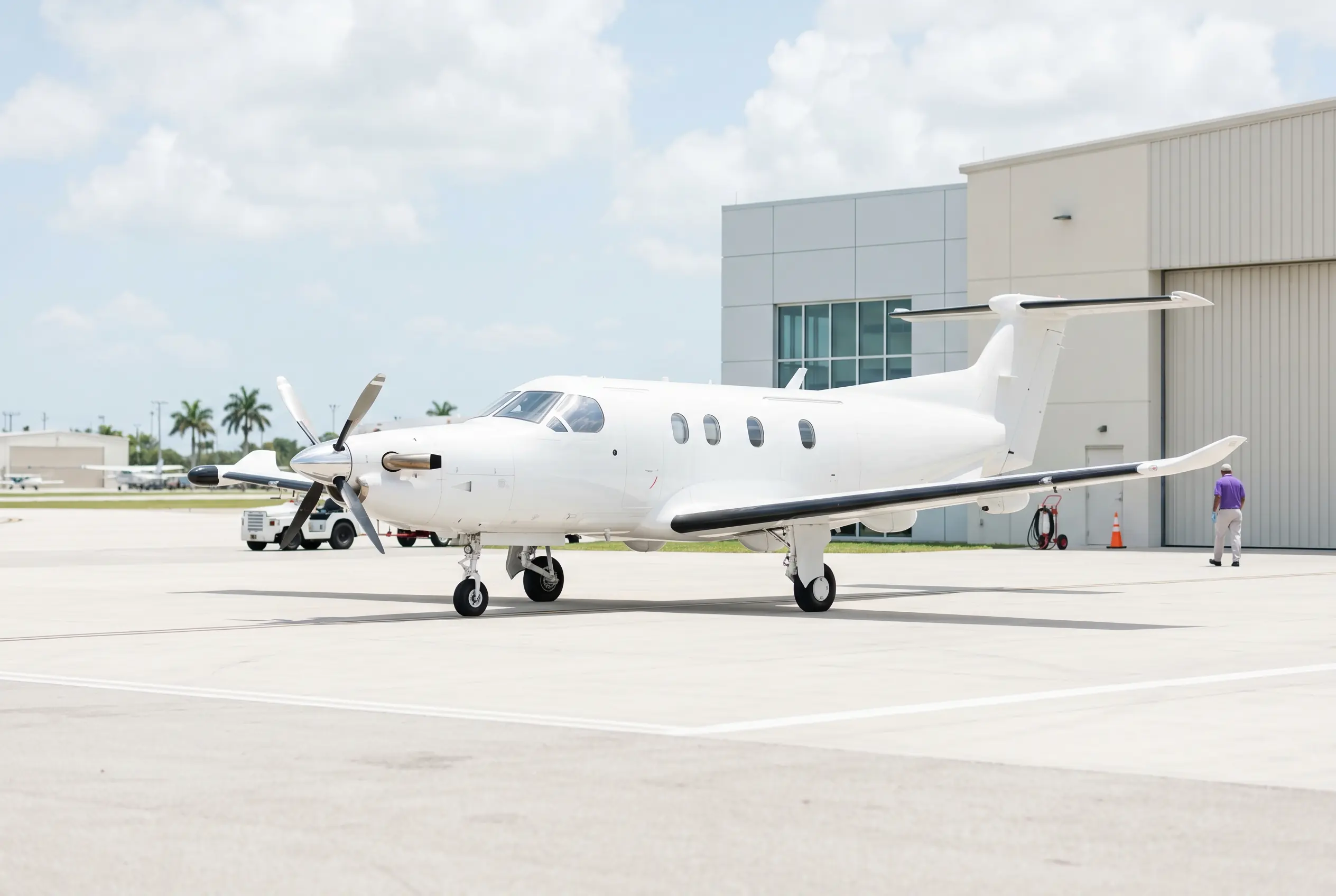 Pilatus PC-12 single-engine turboprop on a South Florida ramp before a New York flight
