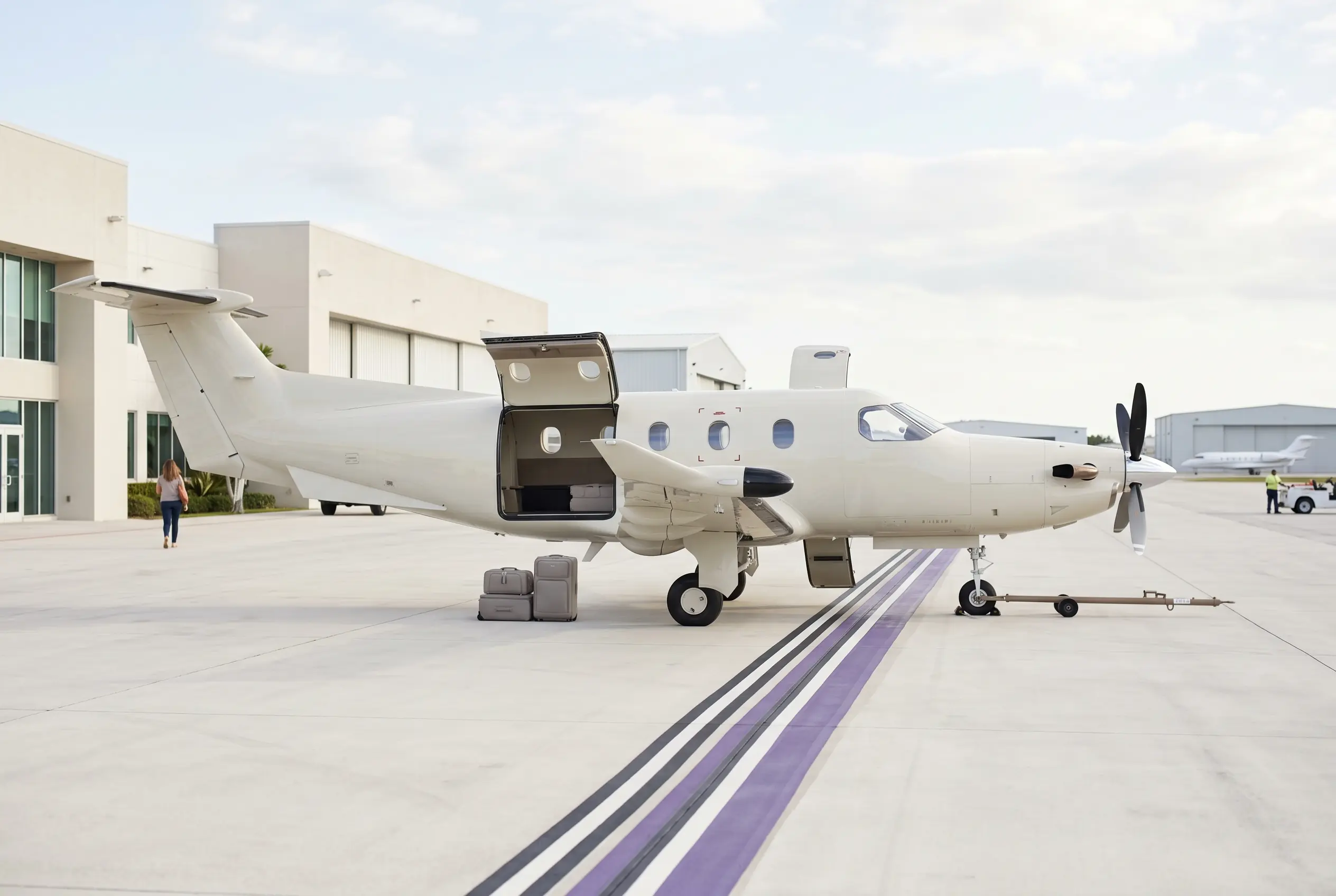 Pilatus PC-12 with its cargo door open on a Miami ramp ahead of a New York departure