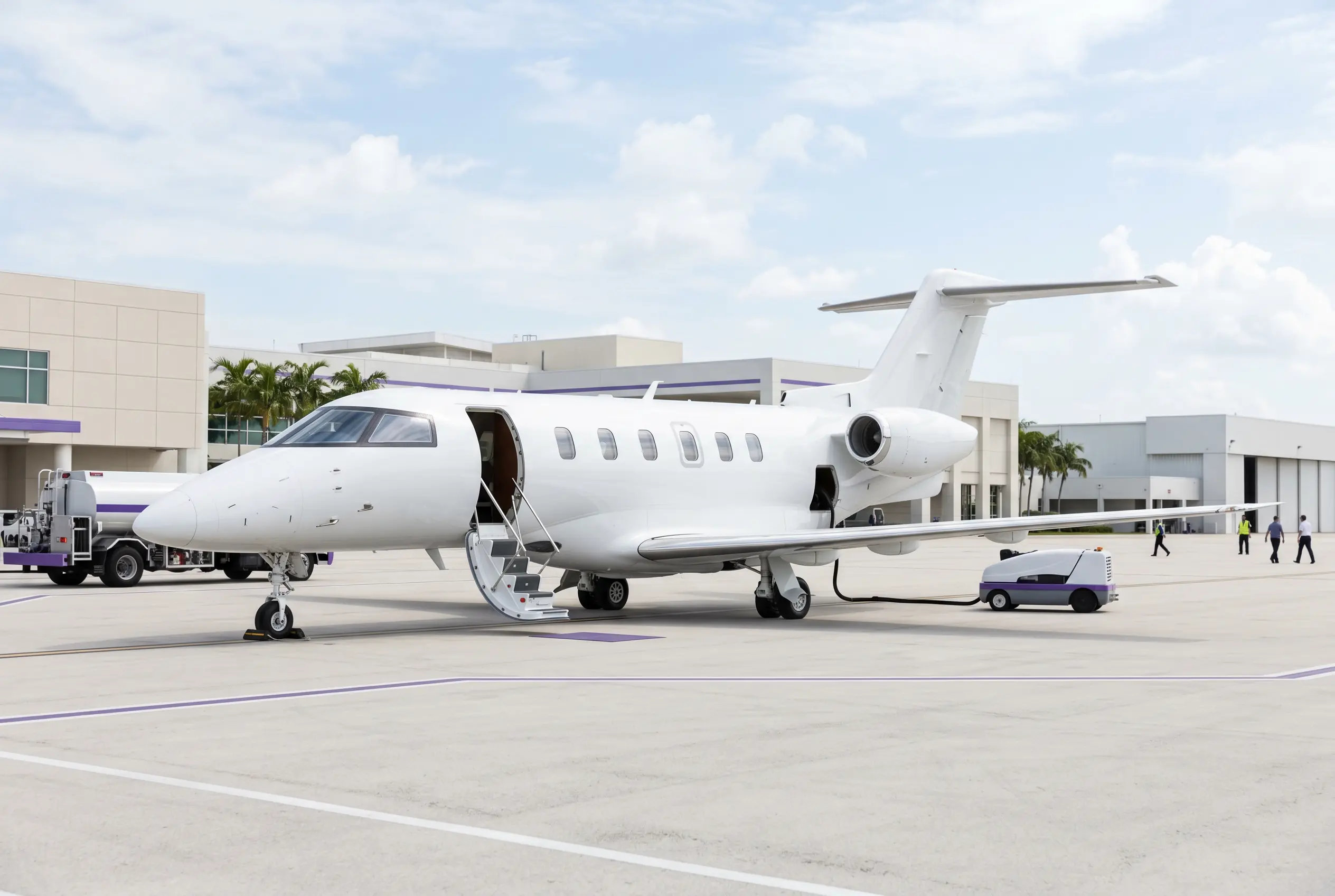 Pilatus PC-24 with its large cargo door open on a Miami ramp ahead of a New York departure