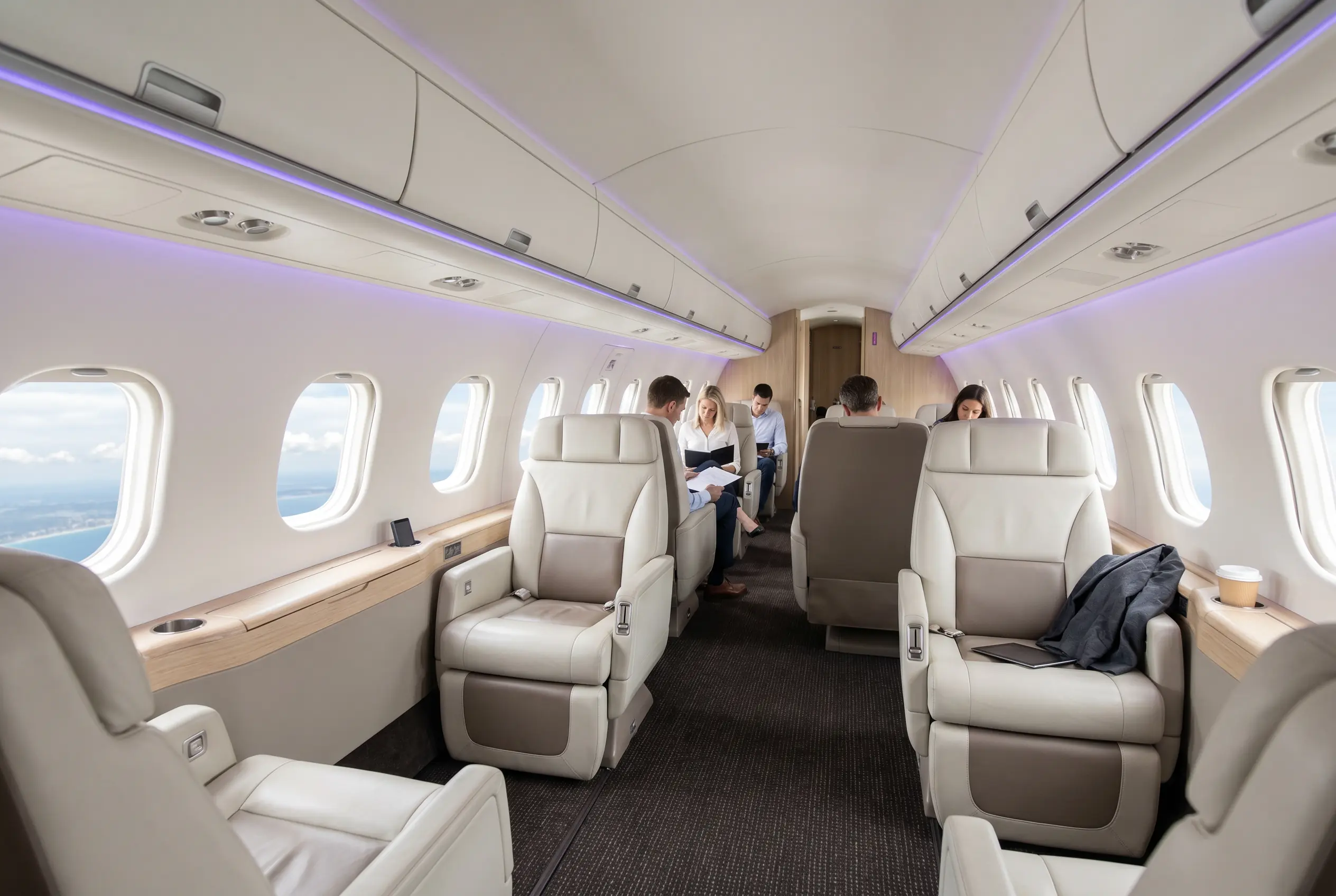 Team seated in a large jet cabin with legroom for a Miami to New York charter