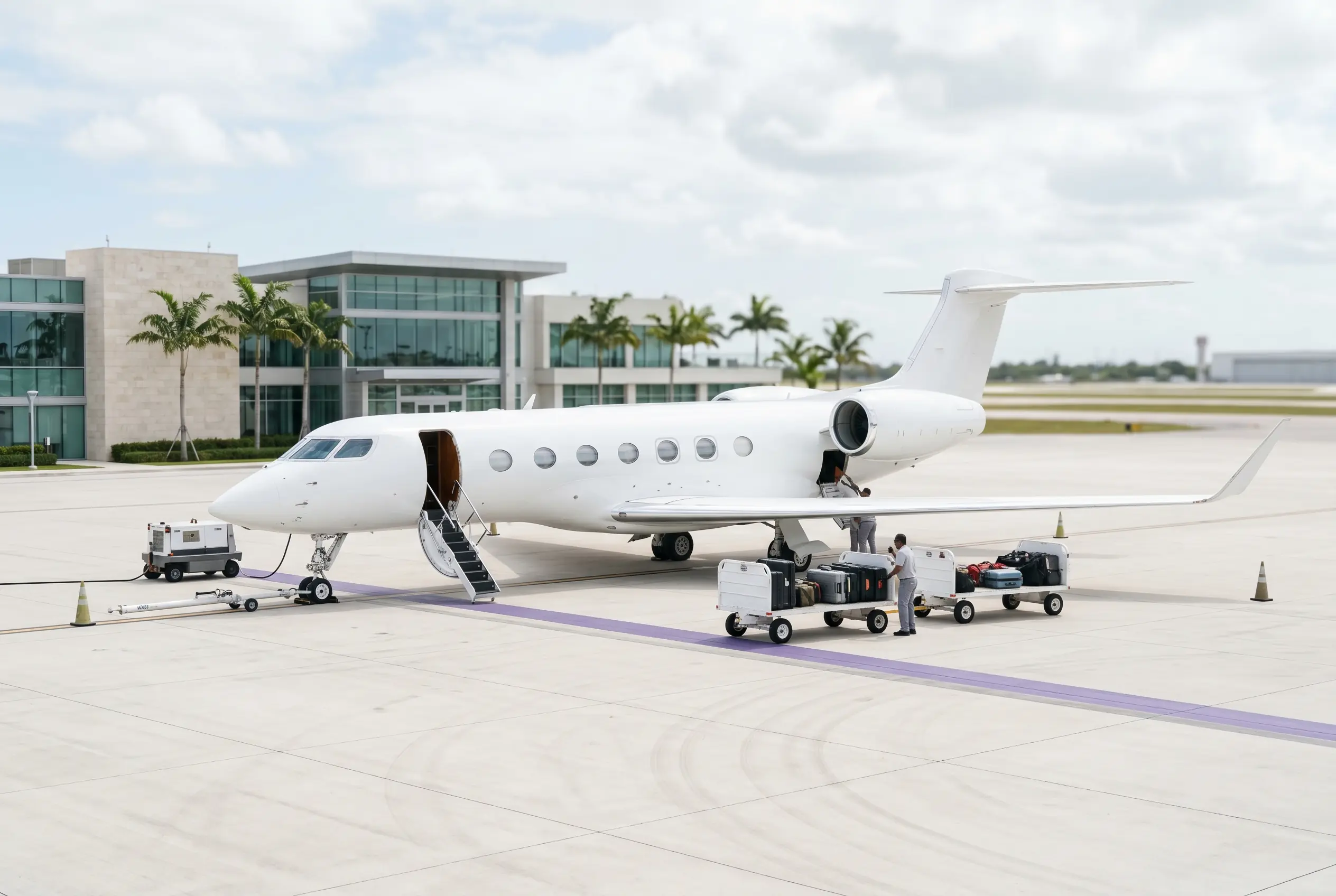 Equipment loaded into a jet hold at a Miami FBO before a New York team flight