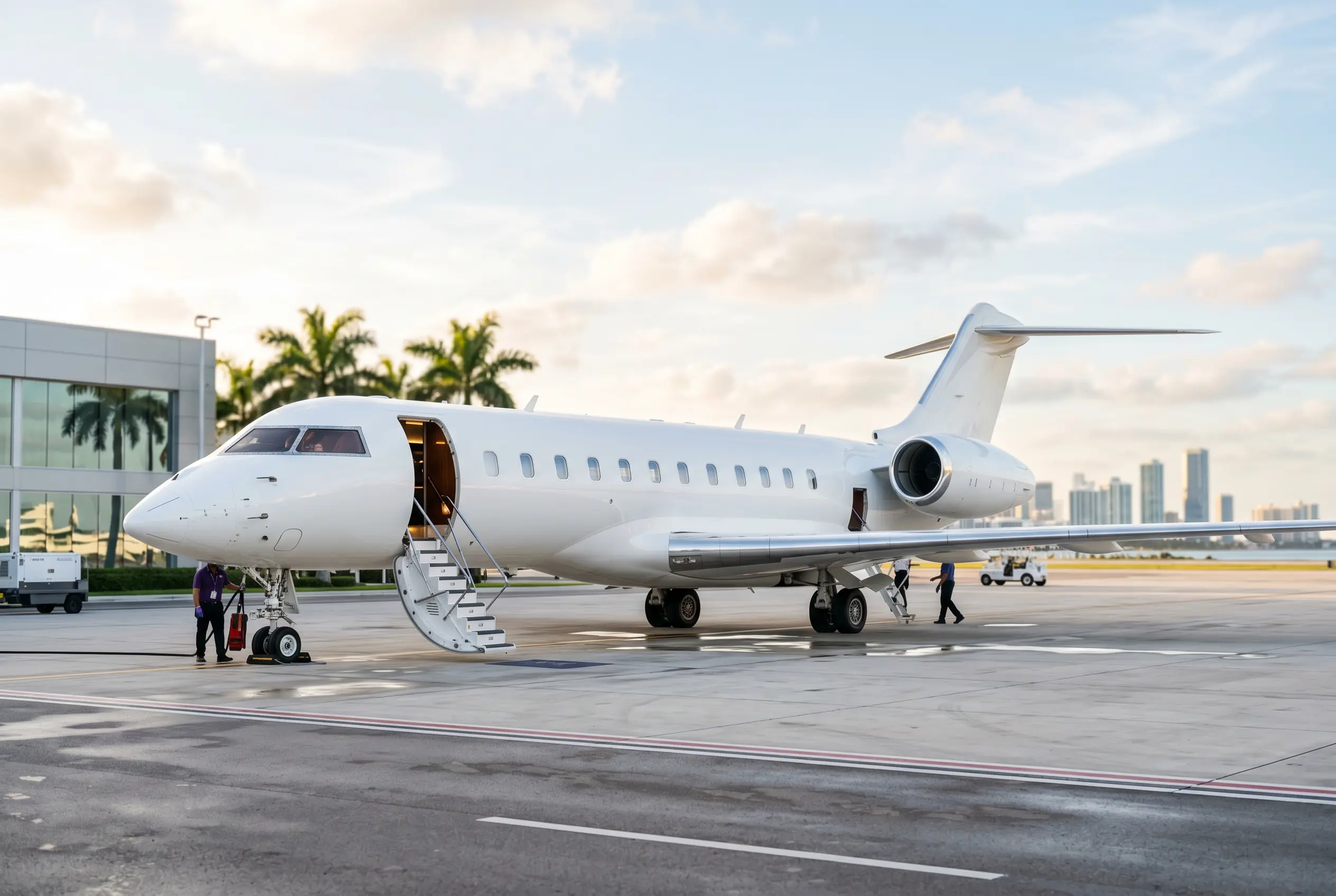 Large-cabin jet on a South Florida ramp ready for a Miami to New York team departure
