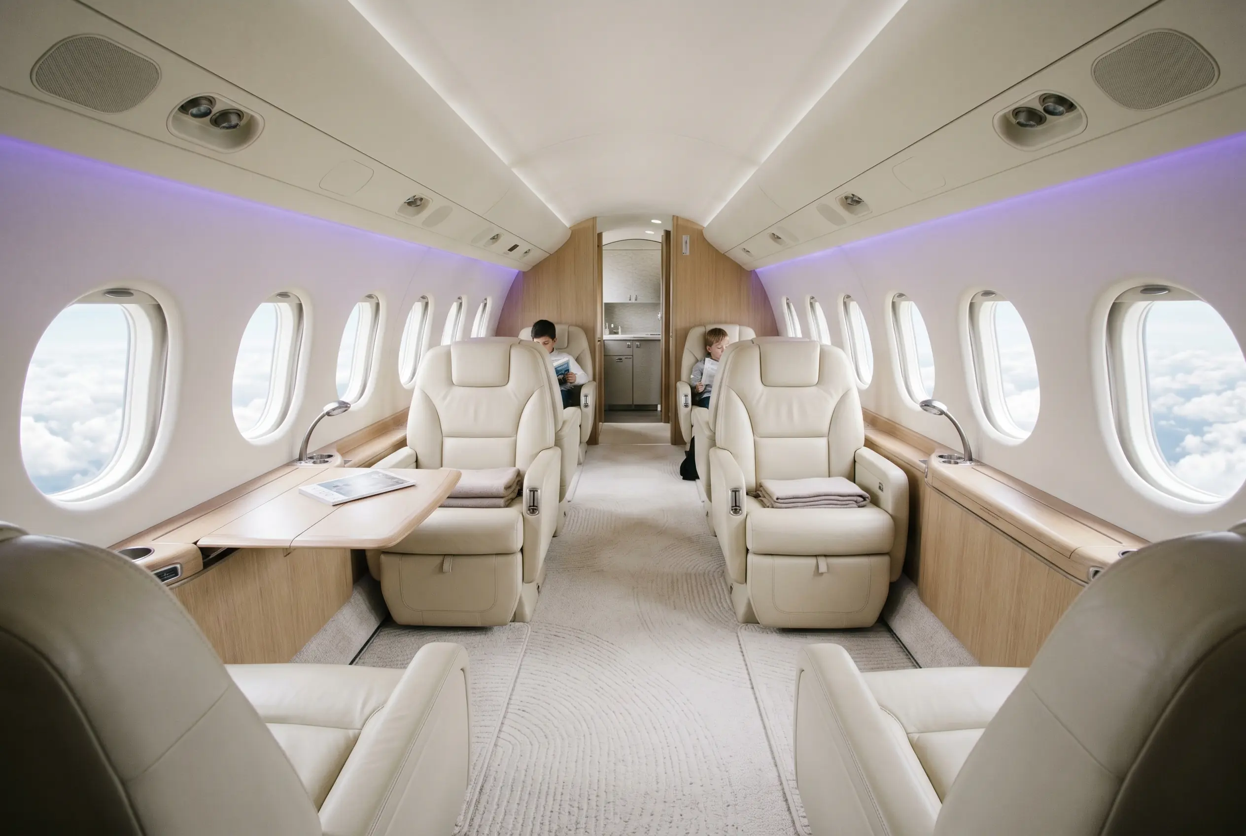 Wide flat-floor super-midsize jet cabin set for a Miami to New York charter