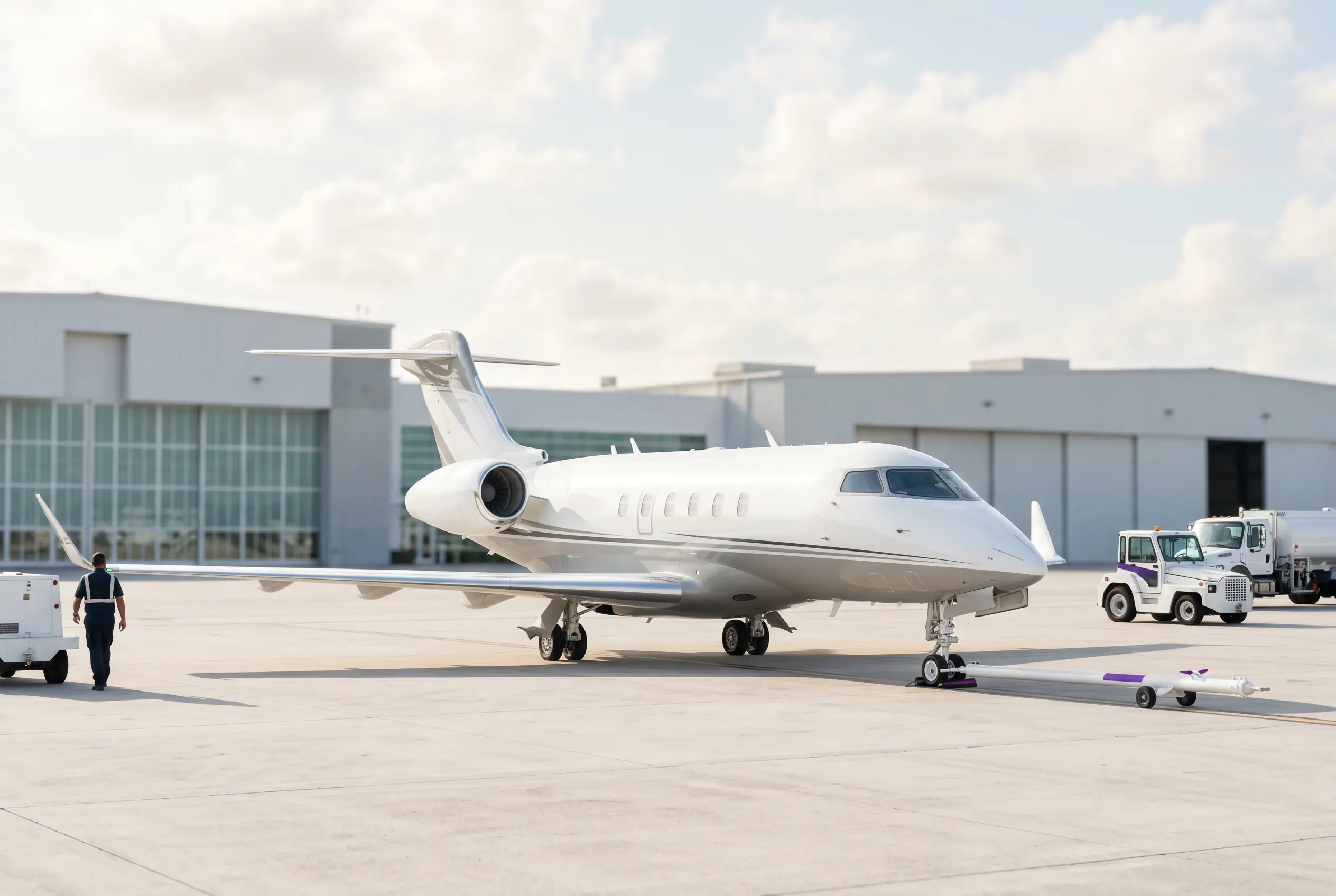Super-midsize business jet on a South Florida ramp before a Miami to New York flight