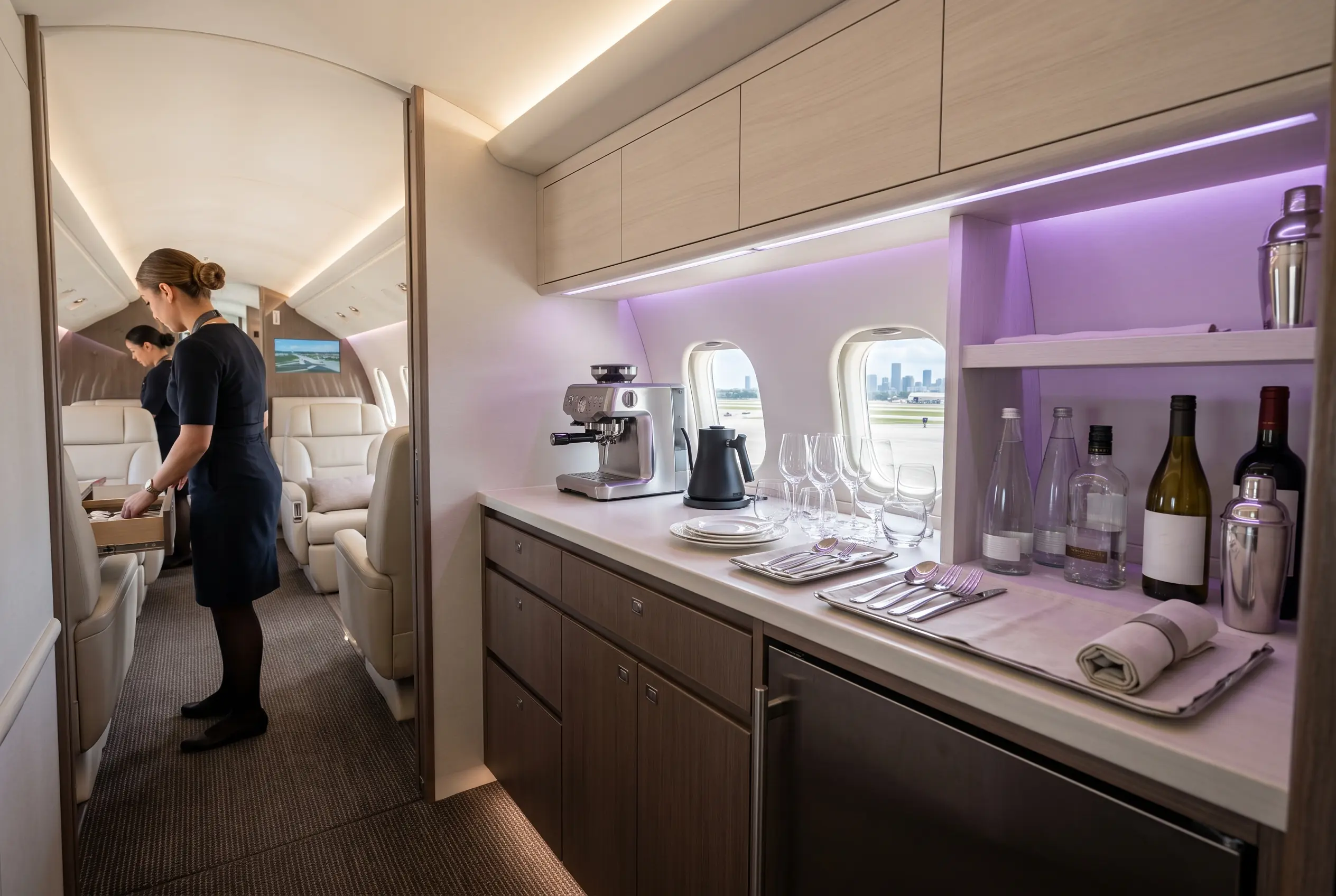 Forward galley aboard a super-midsize jet prepared for a Miami to New York departure