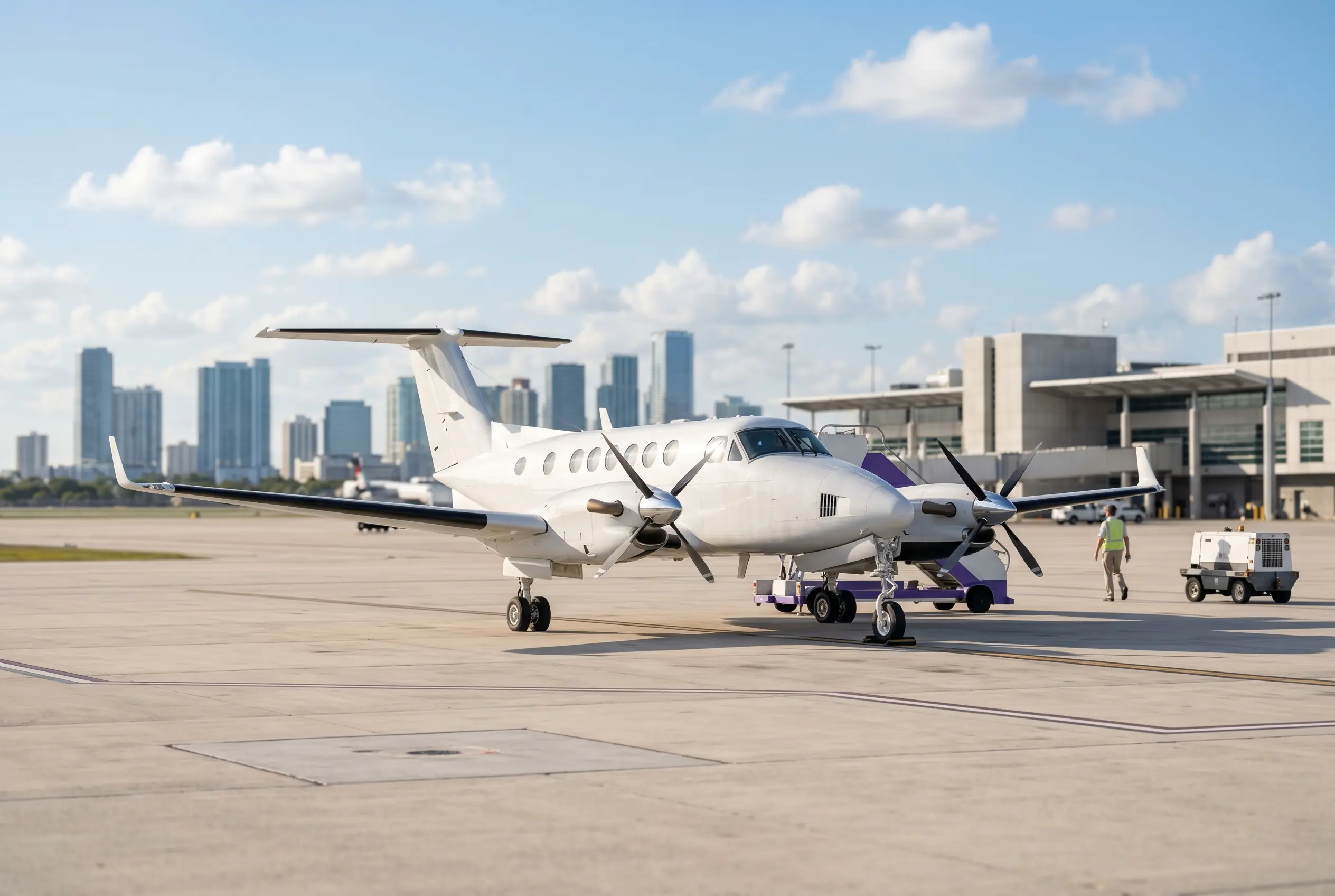 Twin turboprop on a sunny South Florida ramp before a Miami to New York charter