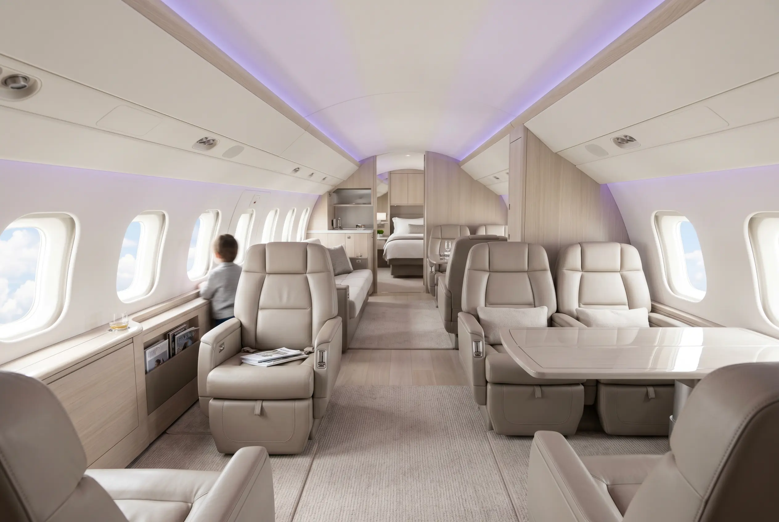 Multi-zone ultra-long-range jet cabin set for a Miami to New York charter