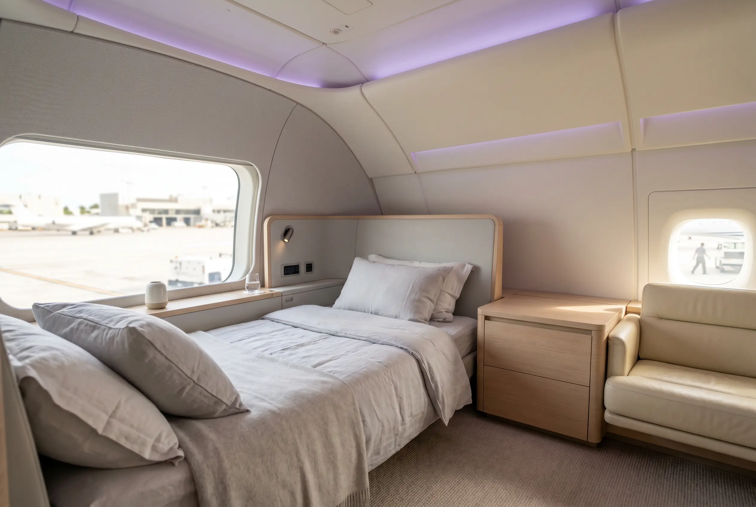 Private rest suite aboard an ultra-long-range jet prepared for a Miami to New York departure