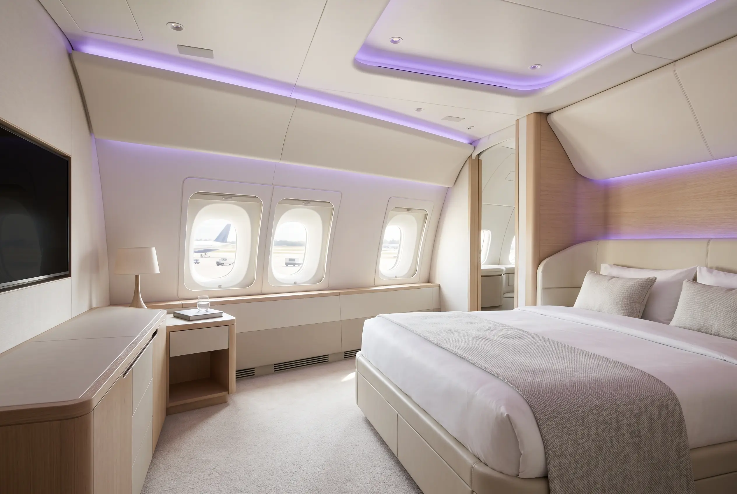 Private bedroom aboard a VIP airliner prepared for a Miami to New York departure